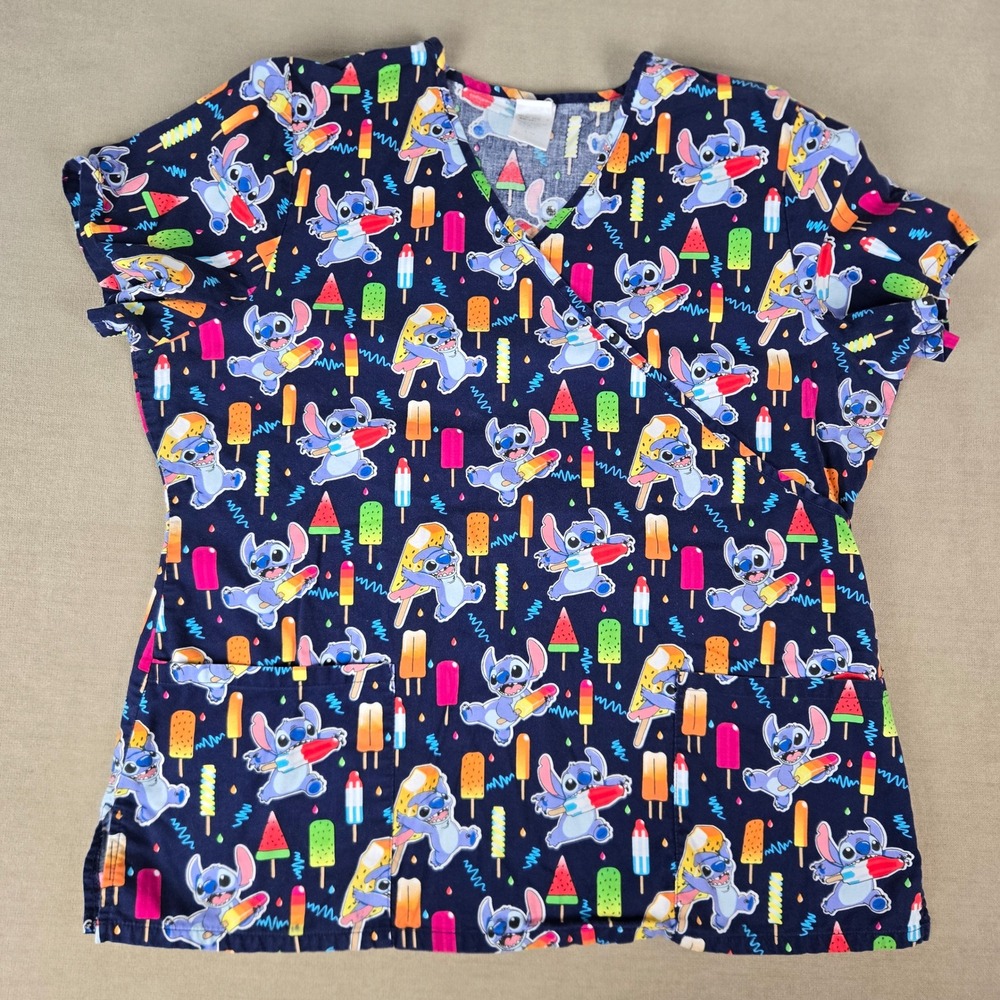 Disney Stitch Popsicle Print Scrub Top Navy Blue V-Neck Mock Wrap Large Medical